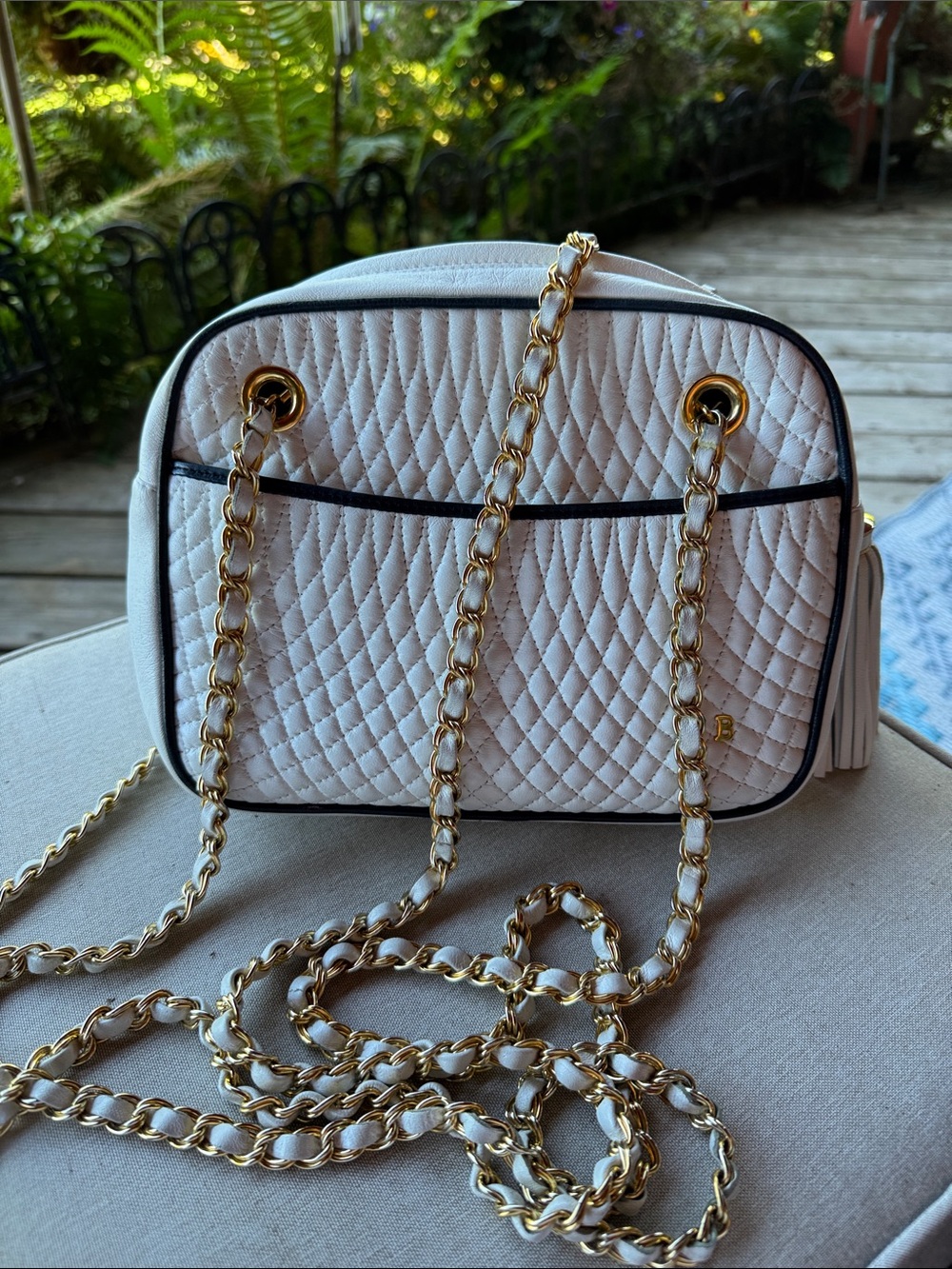 Bally Quilted White/Navy Crossbody Bag with Gold Chain Strap Large Tassle